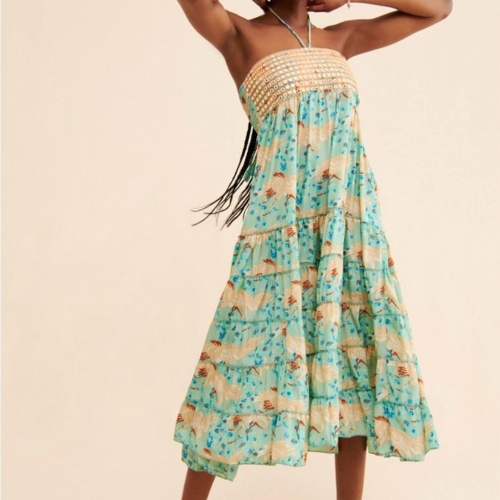 Anthropologie Raga Womens Bagulaa Printed Halter Midi Dress In Turquoise Size: L